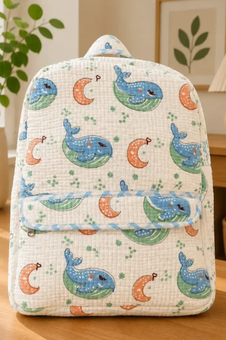 Masoomiyat Handblock Dreamy Whale Kids Quilted Backpack