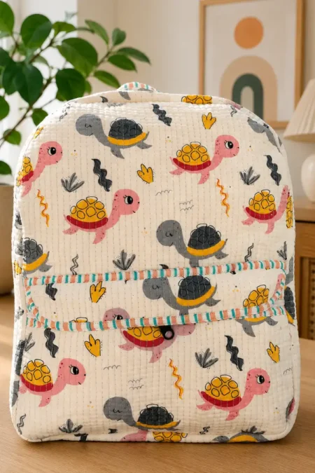 Masoomiyat Handblock Tiny Turtle Trails Kids Quilted Backpack