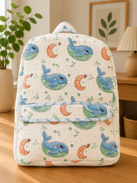 Masoomiyat Handblock Dreamy Whale Kids Quilted Backpack