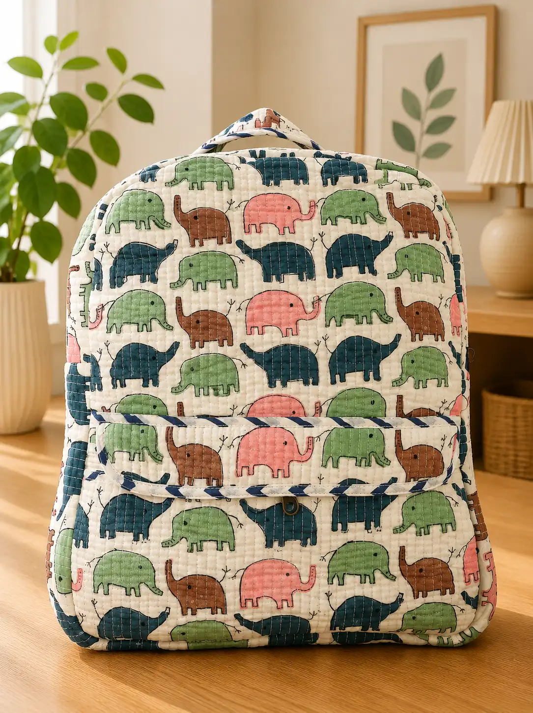 Masoomiyat Handblock Little Elephant Parade Kids Quilted Backpack