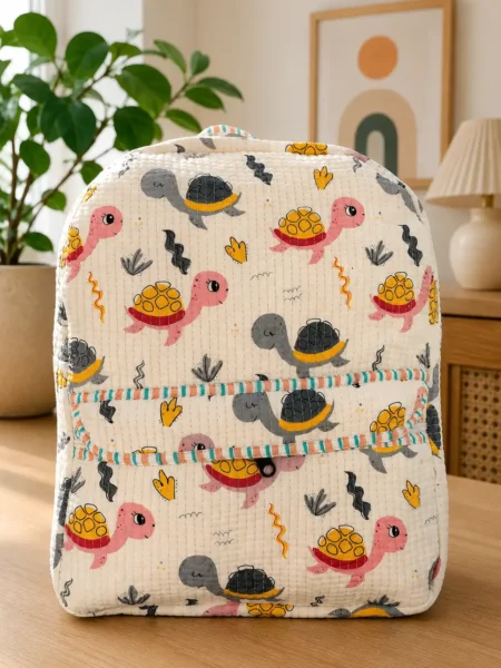 Masoomiyat Handblock Tiny Turtle Trails Kids Quilted Backpack