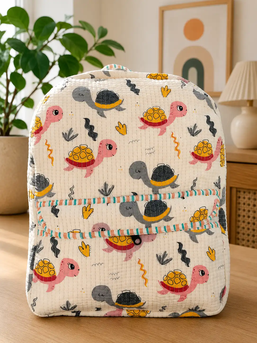 Masoomiyat Handblock Tiny Turtle Trails Kids Quilted Backpack