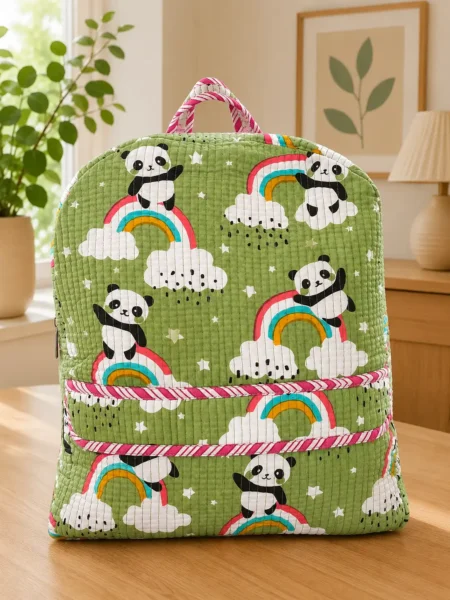 Masoomiyat Handblock Rainbow Panda Kids Quilted Backpack